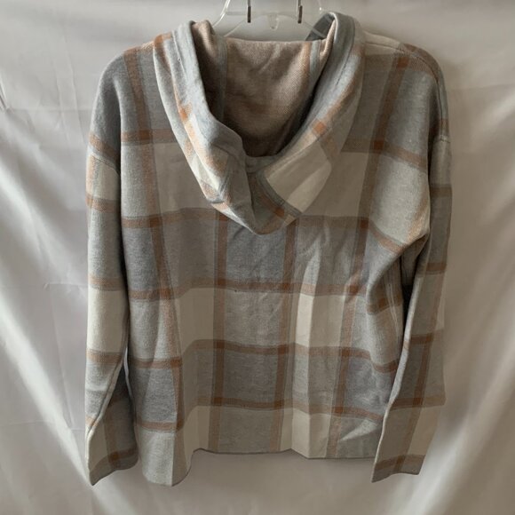CYNTHIA ROWLEY Plaid Knit Zip Up Hoodie Sweater in Heather Grey/Tan Sz MEDIUM - Picture 3 of 3